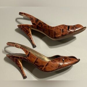 Stuart Weitzman Slingback Heels 7.5 N Cognac Brown Leather Reptile Croc Women’s